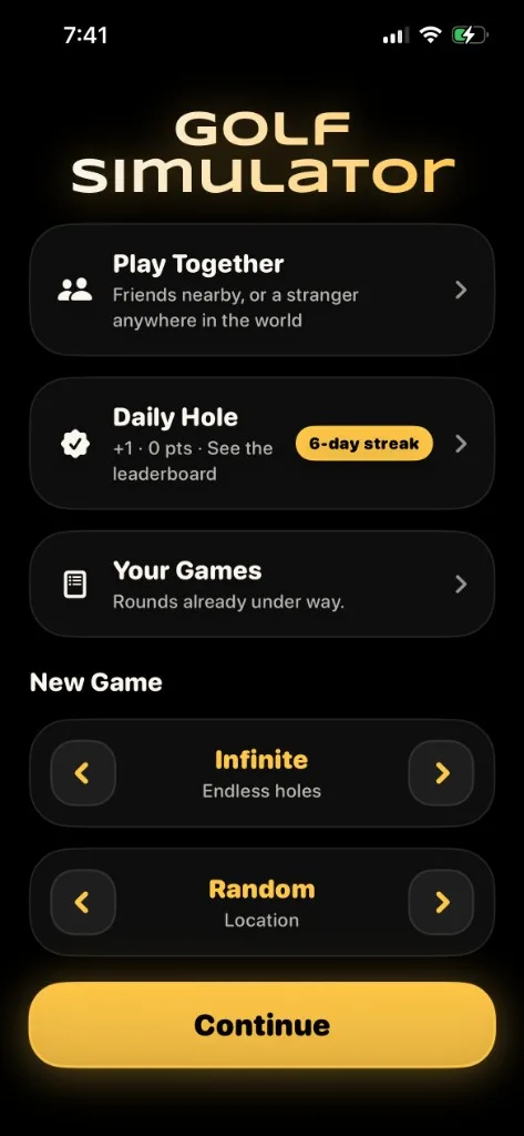 Golf Simulator home screen on iPhone: Play Together, Daily Hole with a streak, Your Games, and New Game options for Infinite and Random
