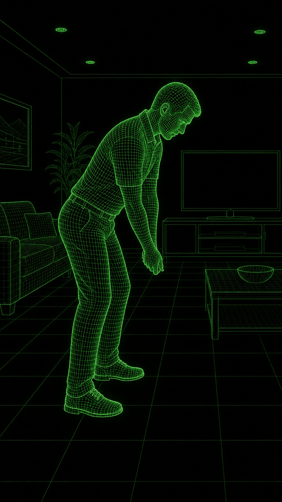 Player standing side-on in a living room, bent forward at address with empty hands.