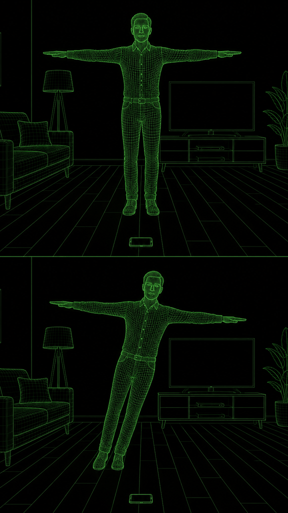 Player standing in a living room with both arms held straight out in a T-pose, then the same player leaning to one side with the arms still out.