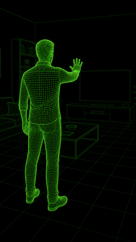 Player holding one hand up with an open palm toward the phone and TV.