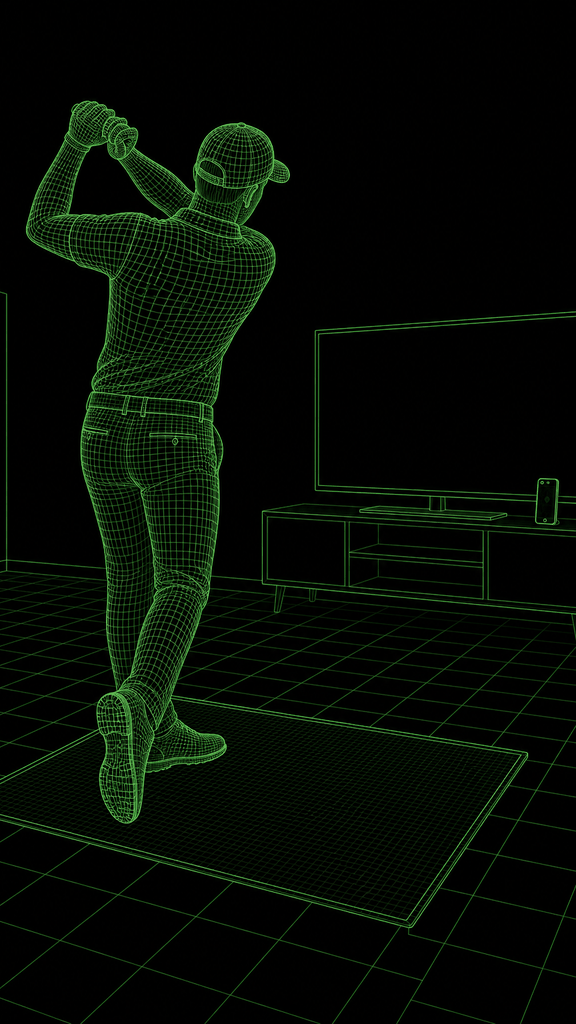 Player finishing an empty-handed swing in front of a TV, with a phone standing on the console facing them.