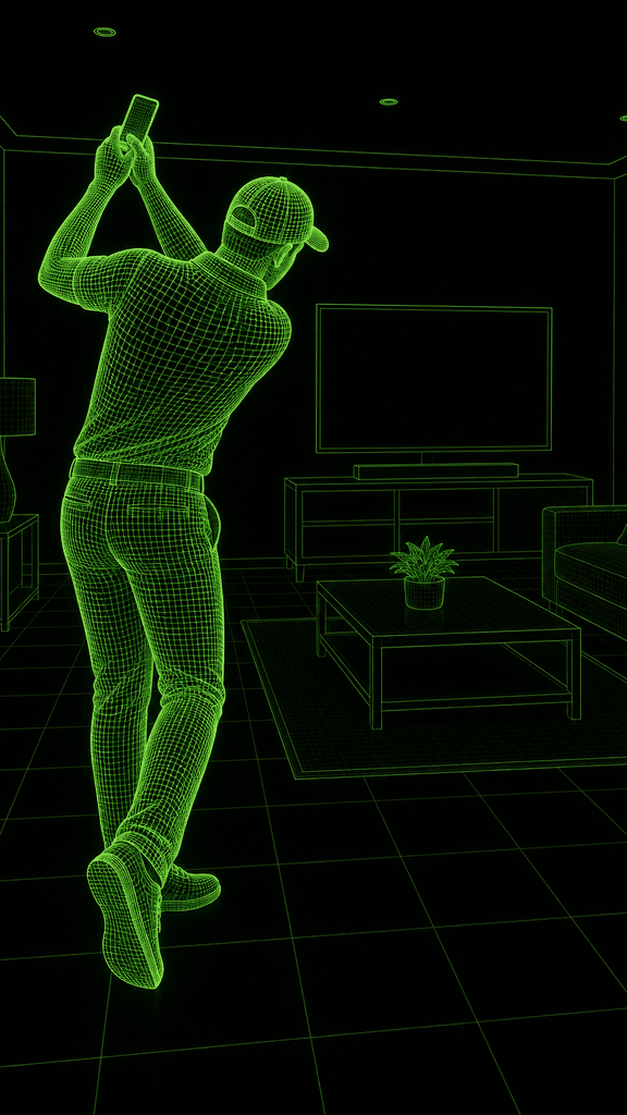 Player mid-swing holding a phone in both hands in front of a TV.
