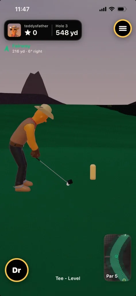 Golf Simulator HUD on iPhone: player pill, projection chip, club bag, lie, and mini-map around a golfer at address