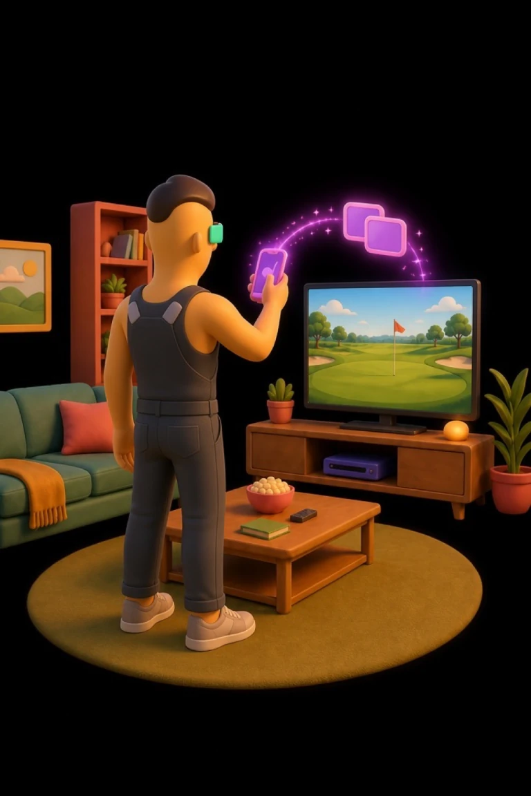 A TV showing the full golf course connected to an iPhone displaying the Screen Mirroring symbol