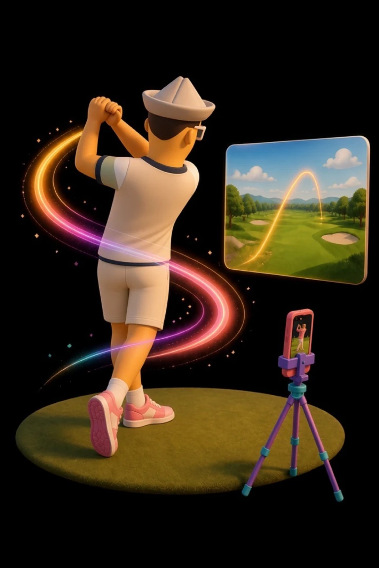 A golfer completing a swing while the camera tracks the motion.