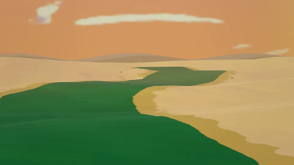 Aerial view from behind the tee of a Dunes par 4, a green ribbon of fairway across endless Saharan sand