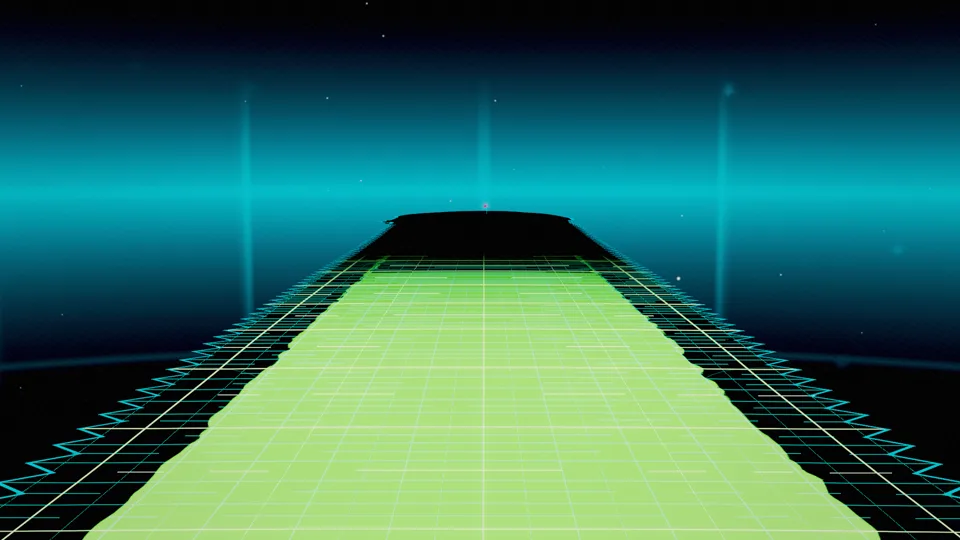 Aerial view from behind the tee of a Virtual par 4, a floating fairway surrounded by open sky